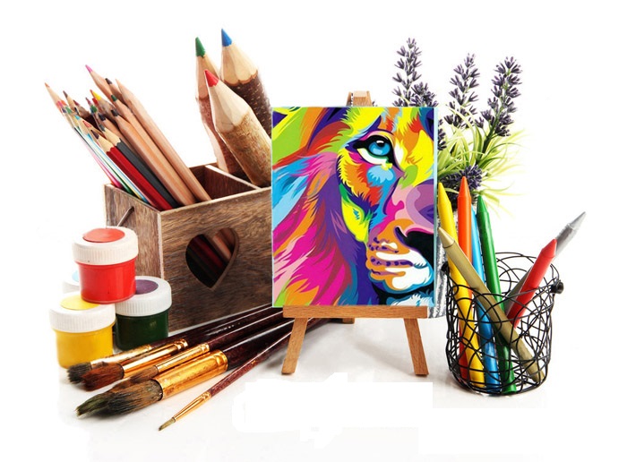 Pencils in wooden crate, paints, brushes and easel, isolated on